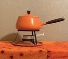 Vintage Orange Enamel Fondue Pot Set Mcm Wood Handle Retro Kitchenware 1970s