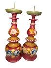 Folk Art Candle Holders Tole Painted Turned Wood  Pillar Roses Flowers Green Red