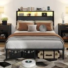 Queen Bed Metal Platform Bed Frame With Led Lights Headboard   charging  black