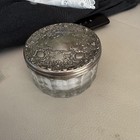 Vtg Art Deco Vanity Crystal   Sterling Silver Powder Puff Jar W Mirror 