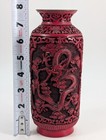 Vintage Chinese Cinnabar Carved Red Lacquer Dragon Motif Brass Base Vase 7 