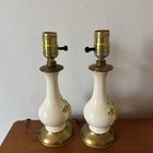 Vintage Pair Set 2 Small Mid Century Mcm Orange Green Floral Ceramic Brass Lamps