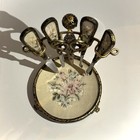 Vintage Petit Point Manicure Set On Ormolu Gilt Stand 1940s 5 Piece Vanity