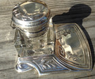 Rare Vintage Silverplate Glass Inkwell Greek Key Design  Unidentified Maker Mark