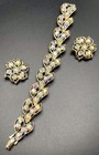 Vintage Gold Tone Aurora Borealis Rhinestone Bracelet Clip Earrings Set
