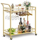 Gold Bar Cart 2 Tier Serving Cart W  Glass Wine Holders Rolling Storage New