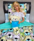New Barbie Doll Bed 3 Pieces Bear Flannel Blanket Pillow Teddy Bear Bedding Set