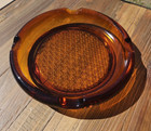 Vtg Mcm Amber Heavy Glass 8  Cigar Ashtray  4 Rests  Diamond Pattern Base Euc