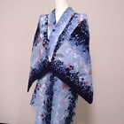 Woman Japanese Kimono Yukata Cotton Flowers Silhouette Blue 157cm