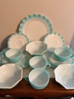 Vintage Mid-century Hazel Atlas  crinoline   ripple turquoise   White Milk Glass