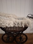 Vintage Victorian Dark Wood Rattan Baby Doll Stroller Pram Buggie White Lace