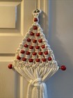 Vintage Macrame Christmas Tree Wall Hanging With Red Wooden Beads