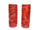 Carved Asian Dragon Resin Cylinders Pair Oriental Decor Vintage Style