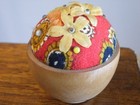 Vintage Pincushion In Round Wood Holder Floral Fabric For Sewing Free Ship