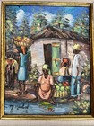 Haitian Vtg Oil Painting Canvas Market Village By Micheline Michel Bamboo Frame