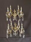 Vintage Antique Large Pair Of French Brass Crystal 4 Light Sconces Wall Lights 