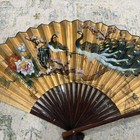 Vintage 5ft  Chinese Wall Fan Huge Hand Painted Gold Peacock Peony Flower 36 h