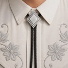 Silver Diamond Bolo Tie Black Leather Cord Western Cowboy Rodeo Necktie
