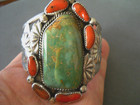 Native American Navajo Royston Turquoise Coral Cluster Sterling Silver Bracelet