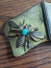 Antique Art Nouveau Belt Buckle Gold Brass 2 Piece Sash turquoise Bees Bug  rare