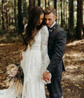 Country Style Boho Lace Wedding Dresses Gown With Long Flare Sleeve V Neck