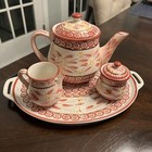 Temptations Tea Set Old World Red Tray Teapot Creamer And Sugar Bowl