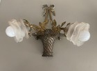 Pair Of Antique French Brass Woven Basket Flowers Frosted Glass Roses Chandelier