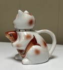 Vintage Lucky Cat Holding Koi  Maneki-neko Hand Painted Porcelain Teapot creamer