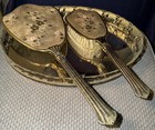 Vintage 3 Pc Filigree Vanity Set Hair Brush Hand Mirror   Perfume Tray Gold Tone