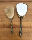 Ornate Victorian Brass Handheld Vanity Mirror And Matching Brush