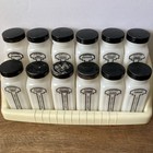 Vtg 12 Piece Griffiths Spice Jar Set Milk Glass Black Lids 1940   s Painted Labels