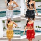 Belly Dance Costume Sequin Tassels Halter Crop Top Hip Scarf Skirt Latin Party