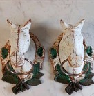 Antique Pair Of Cast Iron Horse Heads With Solid Steel Rings With Oak Leaf Deco 