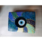 Hand Painted Wooden Evil Eye Nazar Decor Blue Gold Abstract Signed Art Block F1