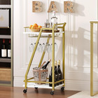 Gold Rolling Bar Cart With Wine Rack And Glass Holder  2 Shelves  White Finish