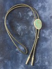 Vintage Turquoise   Silver Bolo Tie With Braided Leather Cord And Metal Tips