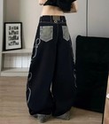 Women s Black Denim Jeans Letter Printed Camouflage Decor Loose Fit Pants Punk