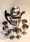 Vtg Farberware Art Deco Chrome Cocktail Shaker   6 Chrome Stems 2oz Complete Set