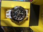 Invicta Men s Quartz Chronograph Date Black Dial Gold Ss Case White Strap Box