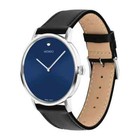 Movado Signature 0607590 Silver Blue Dial Black Leather Strap Mens Watch