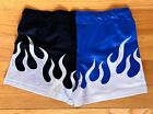 Pro Wrestling Biker Shorts Black   Blue W  Silver Flames Design Sz  34-36 Medium