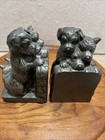 Vtg Rustic Black Cast Metal Scottie Terrier Puppies Looking Over Fence Bookends