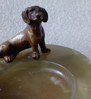 Vintage Bronze Dachshund Dog Figurine On Green Onyx Ashtray Desk Accessory 3 5