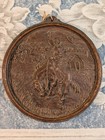 Vtg Mid Century Cowboy Bucking Bronco Round Wooden Wall Plaque Western Log Cabin
