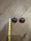Vintage Enamel Round Post Earrings Gold Trim Red Green Blue Geometric 1 25   