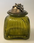Vintage Olive Green Glass Ribbed Canister With Antique Gold Painted Grape Lid 8 