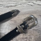 Vintage Black Leather Belt Western Ornate Silver Buckle Boho Medium
