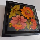 Vtg 1990s Floral Hand-painted Black Lacquer Box Russian Trinket Storage 8  3   