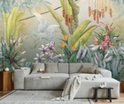 Hand-painted Colorful Leaves Wall Mural  White Cranes Playful Leaves Wallpaper  
