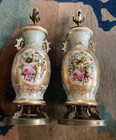 Pair Antique Large  Floral  Bouquet Lamps French Sevres School Porcelain